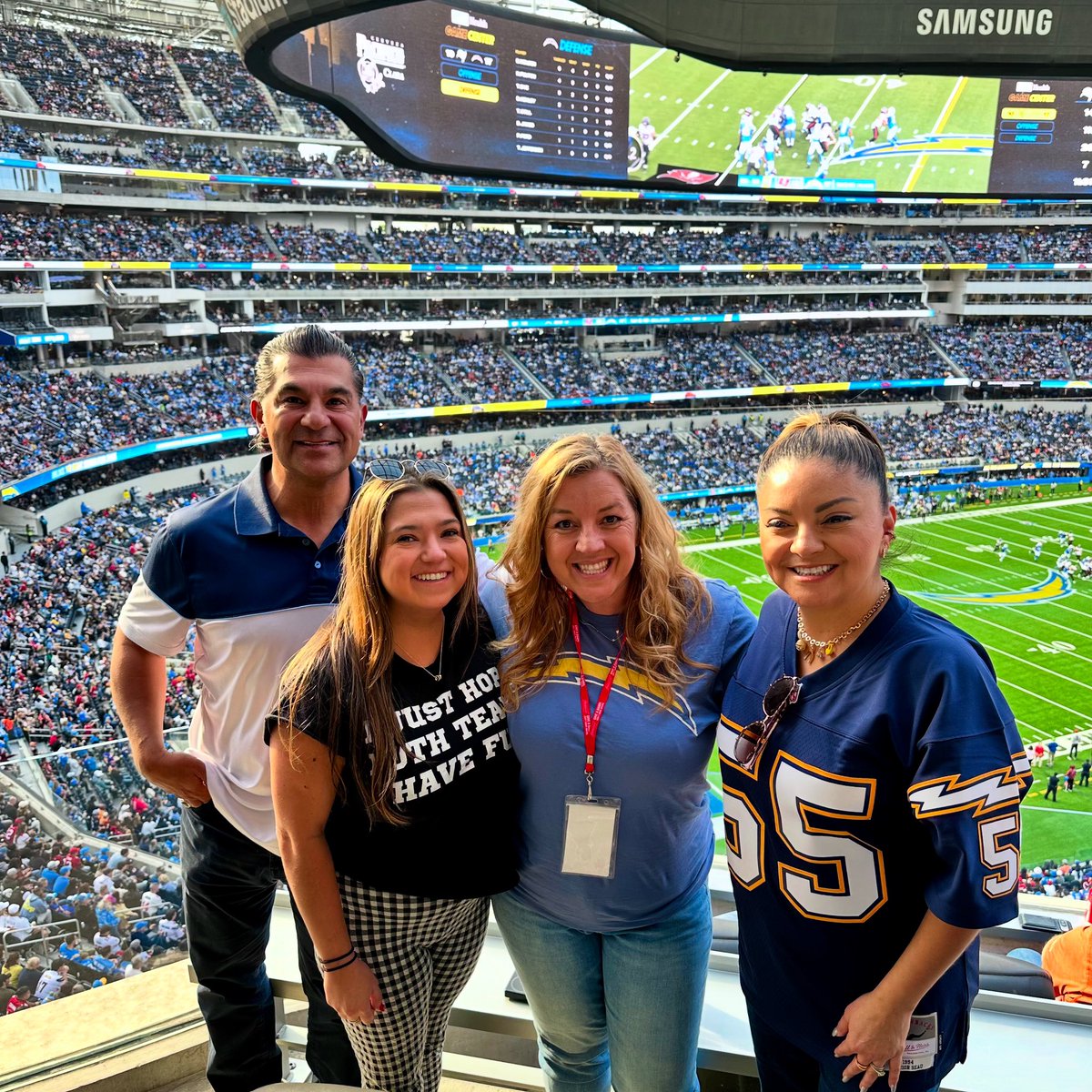 CNCDA's tweet photo. CNCDA Board Member, Sal Gonzales (@culvercityvolvo)  and his daughter, Annie, enjoying the Los Angeles @chargers game today with @AngeliqueAshby and CA Senate Majority Leader, @SenGonzalez33. We love seeing our dealers building relationships with these awesome legislators! #cncda https://t.co/8JelACoL22