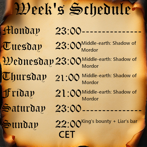 RafhatDimak's tweet photo. Next week's schedule ready. Thursday stream might be at 23CET if inventorization at work will not as planned. https://t.co/hZeGYLvEgJ
