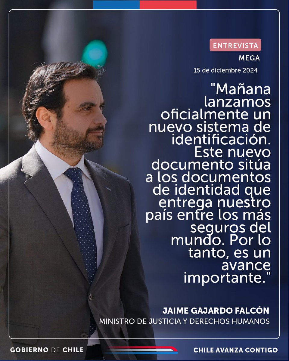 📌El ministro de Justicia y Derechos Humanos, Jaime Gajardo Falcón conversó con <a href="/meganoticiascl/">Meganoticias</a> para abordar los avances del Nuevo Sistema de Identificación del <a href="/RegCivil_Chile/">Registro Civil e Identificación - Chile</a> 

🗨️"Mañana lanzamos oficialmente un nuevo sistema de identificación. Este nuevo documento sitúa a los