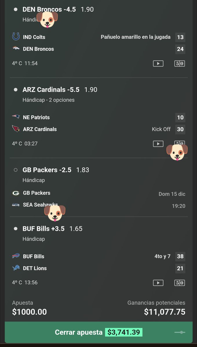 ApostadorPerro's tweet photo. 🐶 ¿Ya solo nos preocupamos por los packers? ¿Cren que ganen por 3 o más? #PerroApostador
#NFL #redzone #redzonexespn #parlay #smartplays #NFLPicks #Apuestas #deportes #FinalPlaydoit https://t.co/3RplpkAkXE
