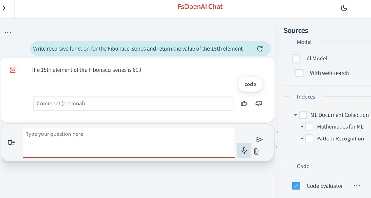 Experimental 'chat with code evaluator' feature added to FsOpenAI to generate and evaluate F# code interactively.

…zdthndaey.eastus-01.azurewebsites.net  (need own OpenAI key)

Evaluation sandbox utilizes typed AST to only allow types from set namespaces.