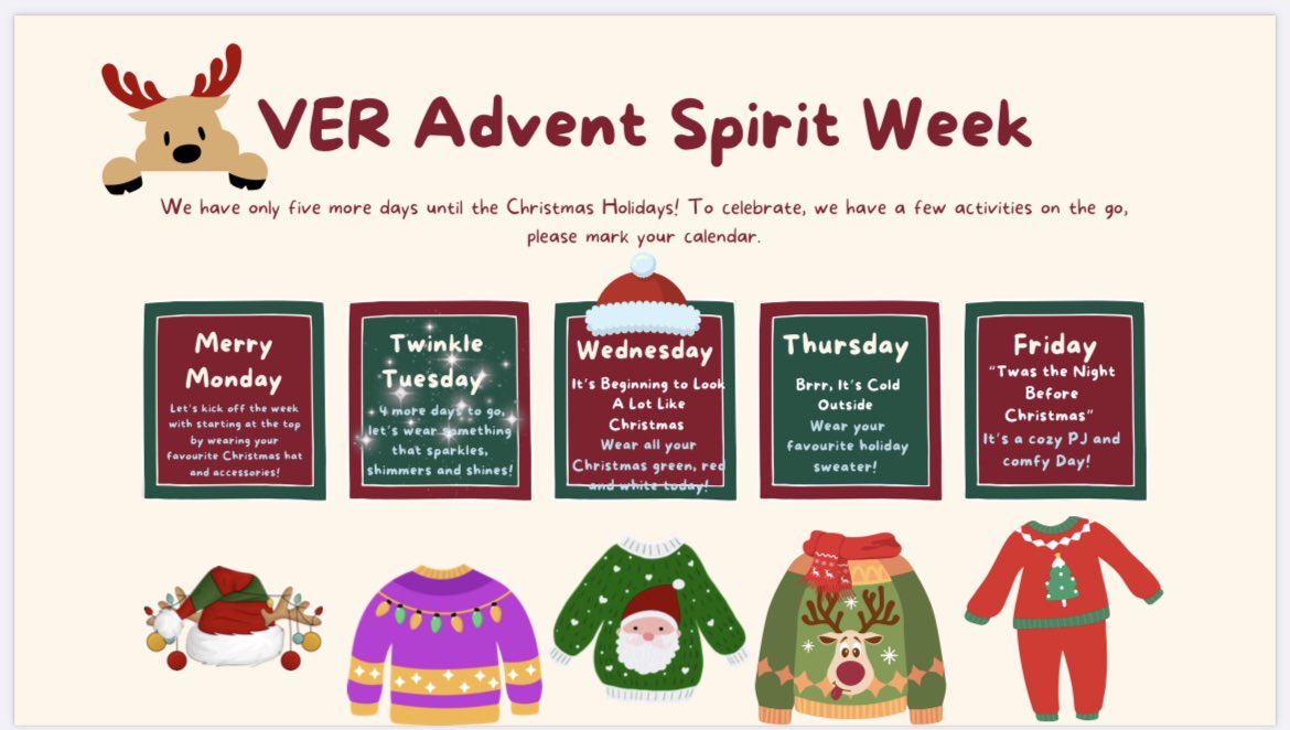 This week is Christmas Spirit week at VER! Check out what’s happening each day! Hope to see everyone’s festive gear! 🎄🎅🏻🤶🏼✝️ <a href="/StVeronicaOCSB/">St. Veronica OCSB</a>