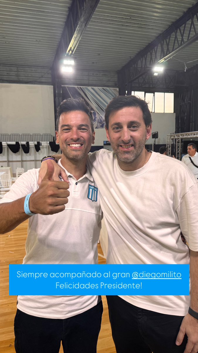 Felicitaciones, Diego! Creo en vos y sé que darás todo para lograr el Racing que todos soñamos. Te quiero mucho! #MilitoPresidente