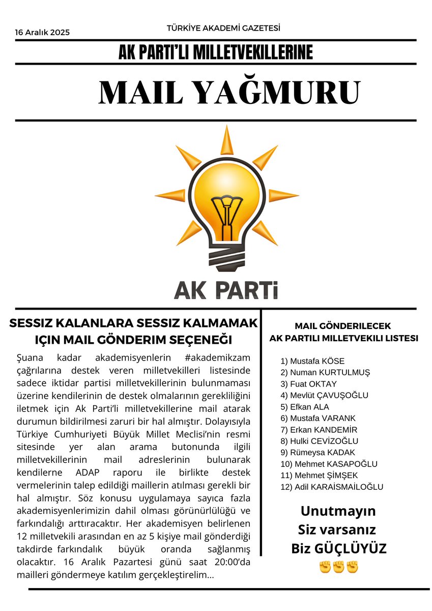 Sessiz Kalanlara, Sessiz Kalmamak İçin Mail Gönderimi Gerçekleştiriyoruz. Milletvekillerinin maillerine aşağıdaki linkten ulaşabilirsiniz. ⬇️
Yoğun katılım gerçekleştirelim

tbmm.gov.tr/milletvekili/e… 

#AkademisyenlerGecinemiyor #akademikzam 
<a href="/Akparti/">AK Parti</a> <a href="/MHP_Bilgi/">MHP</a> #asgariücret #memur