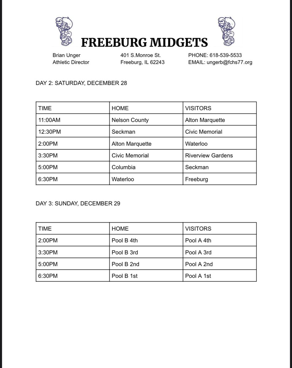 Freeburg Holiday Tournament game times and matchups.