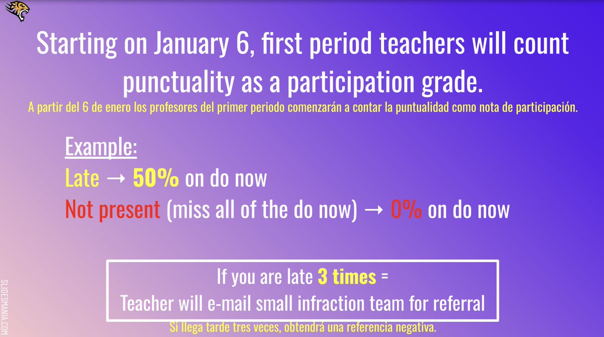 This week is ON-TIME WEEK! Coming to school on-time is important. School begins at 7:30! This week we will have a SWEET TREAT for every student that comes to school BEFORE 7:30. In January, teachers will be  deducting points for being late, and 3 tardies will earn a detention.
