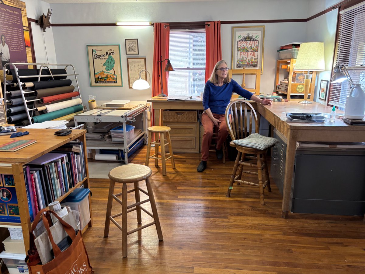 MarkHallFilm's tweet photo. So good to spend time with renowned design #bookbinder, Priscilla Spitler in NM last week. Shot some footage for a film about her life - the last part of my trilogy, THE BOOK ARTISTS. 📕 @atxbookarts #bookarts @austinfilm @SoBbookbinders @GrolierClub @CushingLibrary @SFCB https://t.co/egNwFgehTF