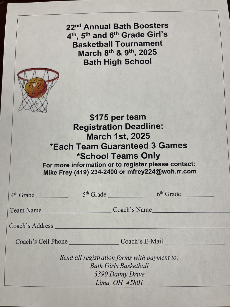 22nd Annual Youth Girls 🏀 Tournament at Bath High School.