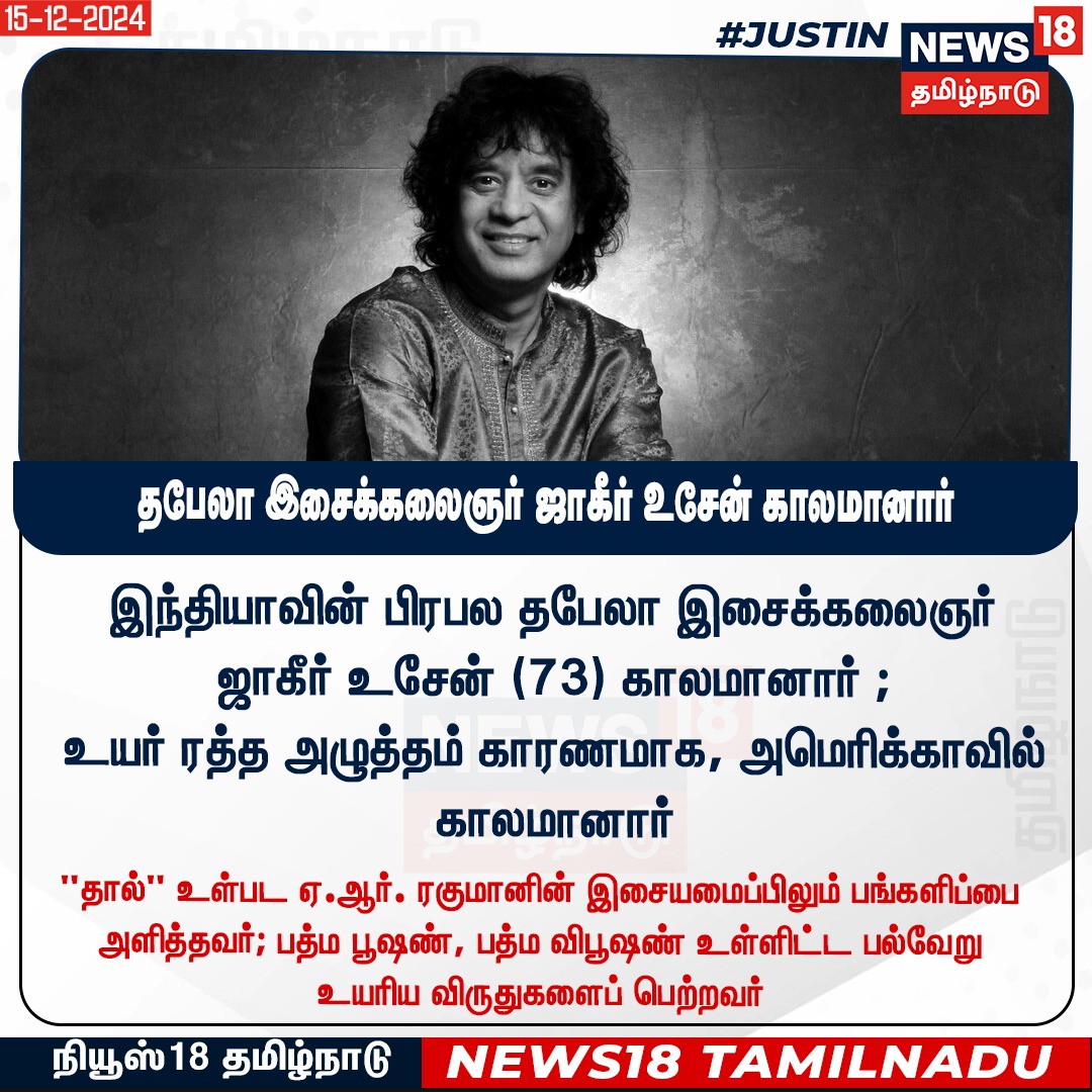 News18TamilNadu's tweet photo. #JUSTIN இந்தியாவின் பிரபல தபேலா இசைக்கலைஞர், ஜாகீர் உசேன்(73) காலமானார்
#JagirUsen #Thabela #News18Tamilnadu | https://t.co/3v5L32pLWJ https://t.co/cueUxibzjJ