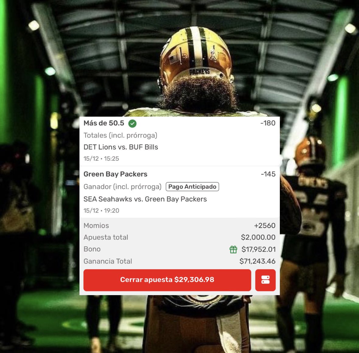 WolfVipp's tweet photo. Si GB Packers gana el partido empezaré a soltar los retiros sin tarjeta…

Estamos a un juego de cobrar nuestro Parlay Soñador del día. 

¿Cómo ganar un retiro? Iran unicamente entres mis seguidores y los que dejen su Like &amp; Rt!! https://t.co/lx5Mskgi2c