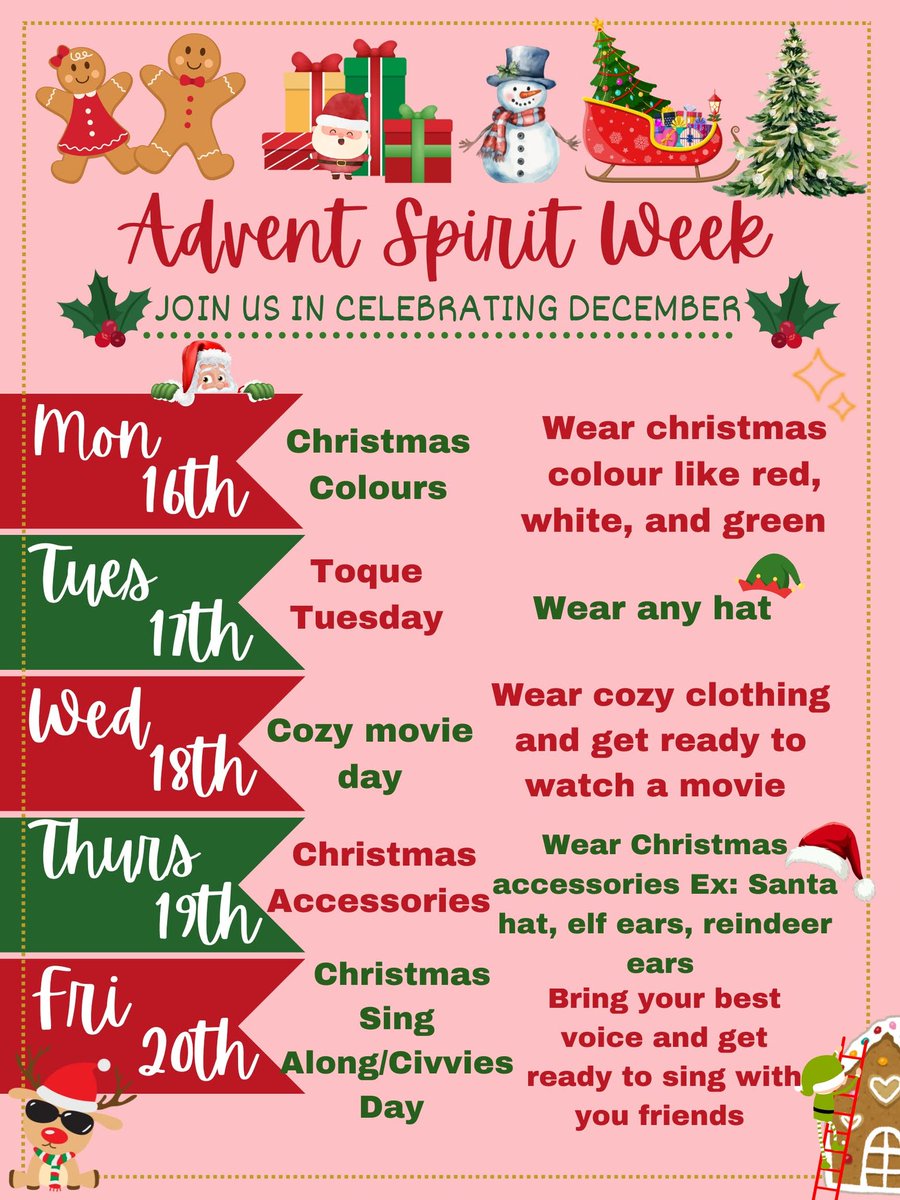 As we journey through this season of Advent, we are excited to share our upcoming Advent Week of Fun! This special week is designed to bring us together as a community to celebrate the themes of hope, peace &amp; joy! Don't forget to wear your Christmas colours tomorrow...🌲