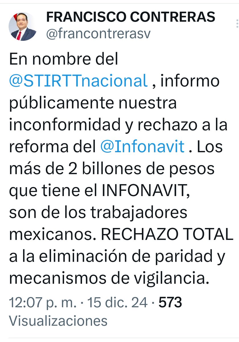 El <a href="/STIRTTnacional/">STIRTT Nacional</a> a través de su lider <a href="/francontrerasv/">FRANCISCO CONTRERAS</a> es la primera organización sindical que se inconforma y rechaza la reforma al <a href="/Infonavit/">Infonavit</a>, porque ve en riesgo los dos billones de pesos de los trabajadores <a href="/CTM_MX/">CTM Nacional</a> <a href="/ctmsonora/">CTM SONORA</a> <a href="/JavierCTMSonora/">Javier Villarreal G.</a> <a href="/OscarOrtizCTMS/">Oscar Ortíz</a> <a href="/Claudiashein/">Claudia Sheinbaum Pardo</a>
