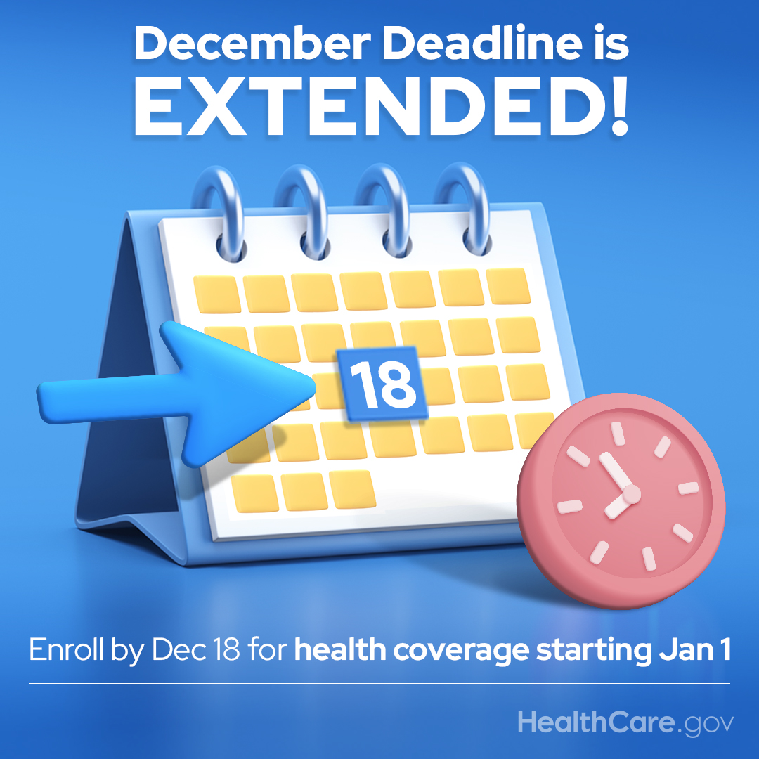 Good news! The deadline for coverage that starts on January 1st has been extended. Consumers now have until Wednesday, December 18th to enroll in quality, affordable Marketplace coverage. healthcare.gov
#GetCovered #MarketplaceOE