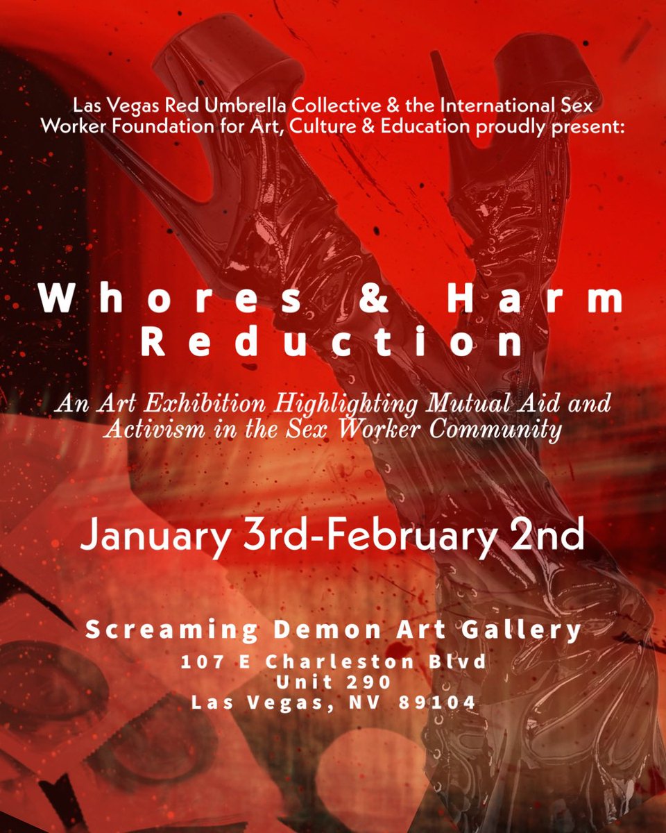 Please join us for the opening of our exhibit at Screaming Demon Art Gallery on January 3rd (First Friday). We’ll have live music, performances, vendors, and art displayed from sex workers around the world! ❤️‍🔥☂️👠 Please share and invite your friends!