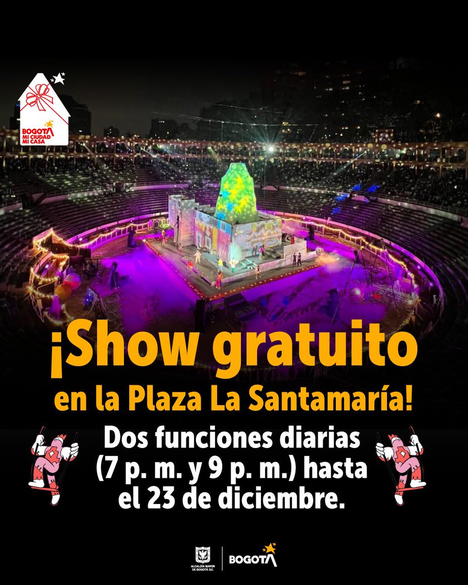 Bogota's tweet photo. 🎭 Esta Navidad, #BogotáMiCiudadMiCasa se llena de arte: Más de 80 artistas locales protagonizan El Secreto de Ana Nieves en la Plaza Cultural La Santamaría.
🔴Recuerda:
📅 Del 14 al 23 de diciembre.
⏰ Funciones: 7:00 p. m. y 9:00 p. m.
💡 Nota: El 17 de diciembre no habrá función por racionamiento de agua.

🎟️ Entrada libre hasta completar aforo.
