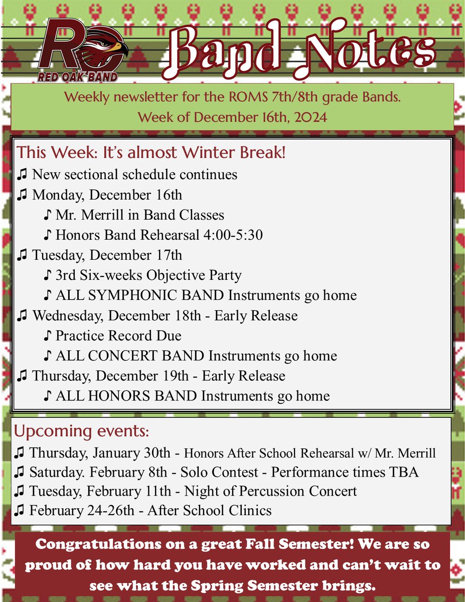 RedOakMSBand's tweet photo. It's almost Winter Break! See below for this week's newsletters, including information about when students should have their instruments. https://t.co/2FIVjt1HZS