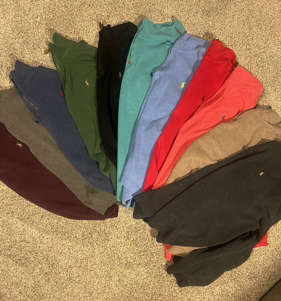 GreedyWinston's tweet photo. Peter this Barbour that, fuck you &amp; put some respect on trusty Ralph’s name.  Quarter zip only spread. Yes I took too long assembling this photo. Fuck you again https://t.co/pw8IsVQF3h