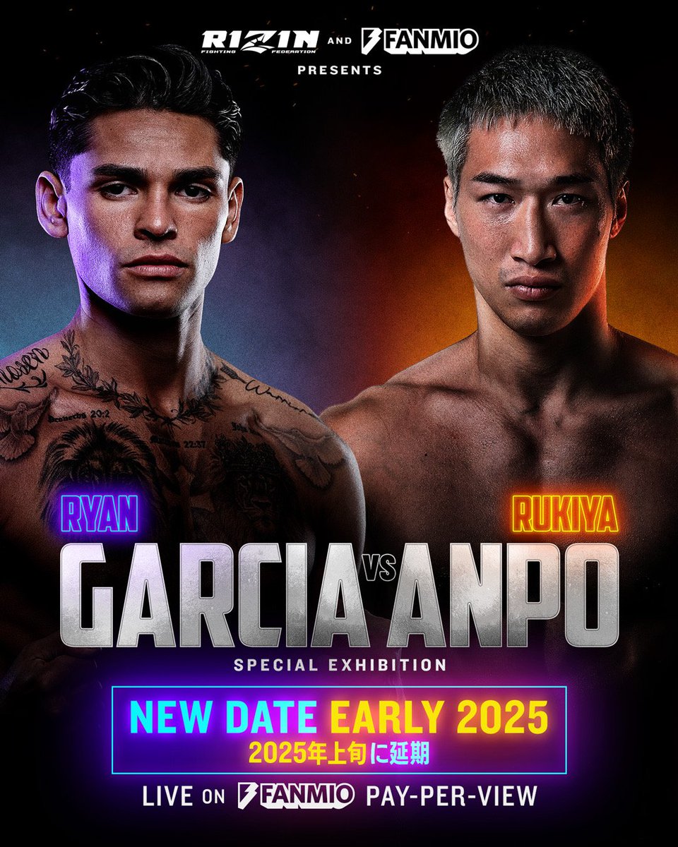 🚨 𝙉𝙀𝙒 𝘿𝘼𝙏𝙀 ➡️ 𝙎𝙏𝘼𝙔 𝙏𝙐𝙉𝙀𝘿! 🚨

Due to an injury, Ryan Garcia sustained during training camp, #GarciaAnpo has been postponed for a later date in early 2025. Stay tuned!