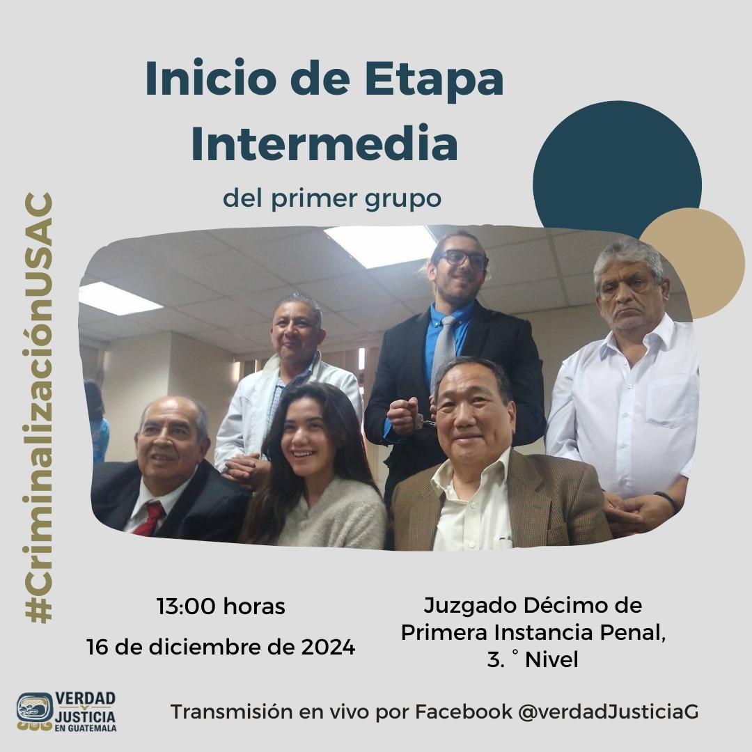 #CriminalizaciónUSAC 
Audiencia de Inicio de Etapa Intermedia del primer grupo de personas criminalizadas en el Caso USAC.

🗓️ 16 de diciembre de 2024
⏰ 13:00 horas
📍 Juzgado Décimo de Primera Instancia Penal

🎥 Sintoniza la transmisión en vivo por nuestro Facebook