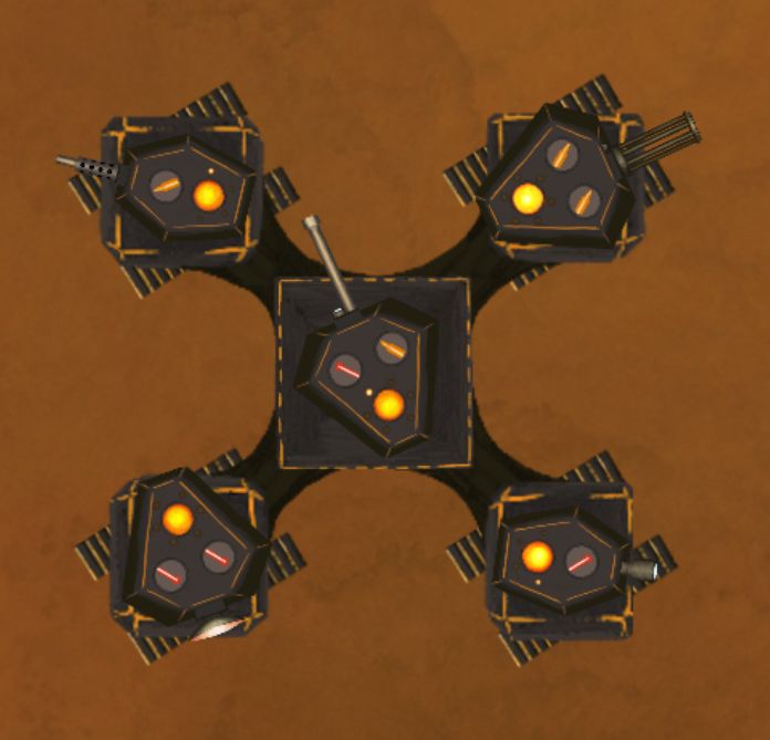 🎄 12 days of #DEVMAS - What if? 🎄 

In our game you upgrade your fortress by putting weapon tokens into the furnace at the centre and as it grows you get more turrets.

Originally we were going to have 5 turrets that you upgraded individually.
#gamedev #indiedev
