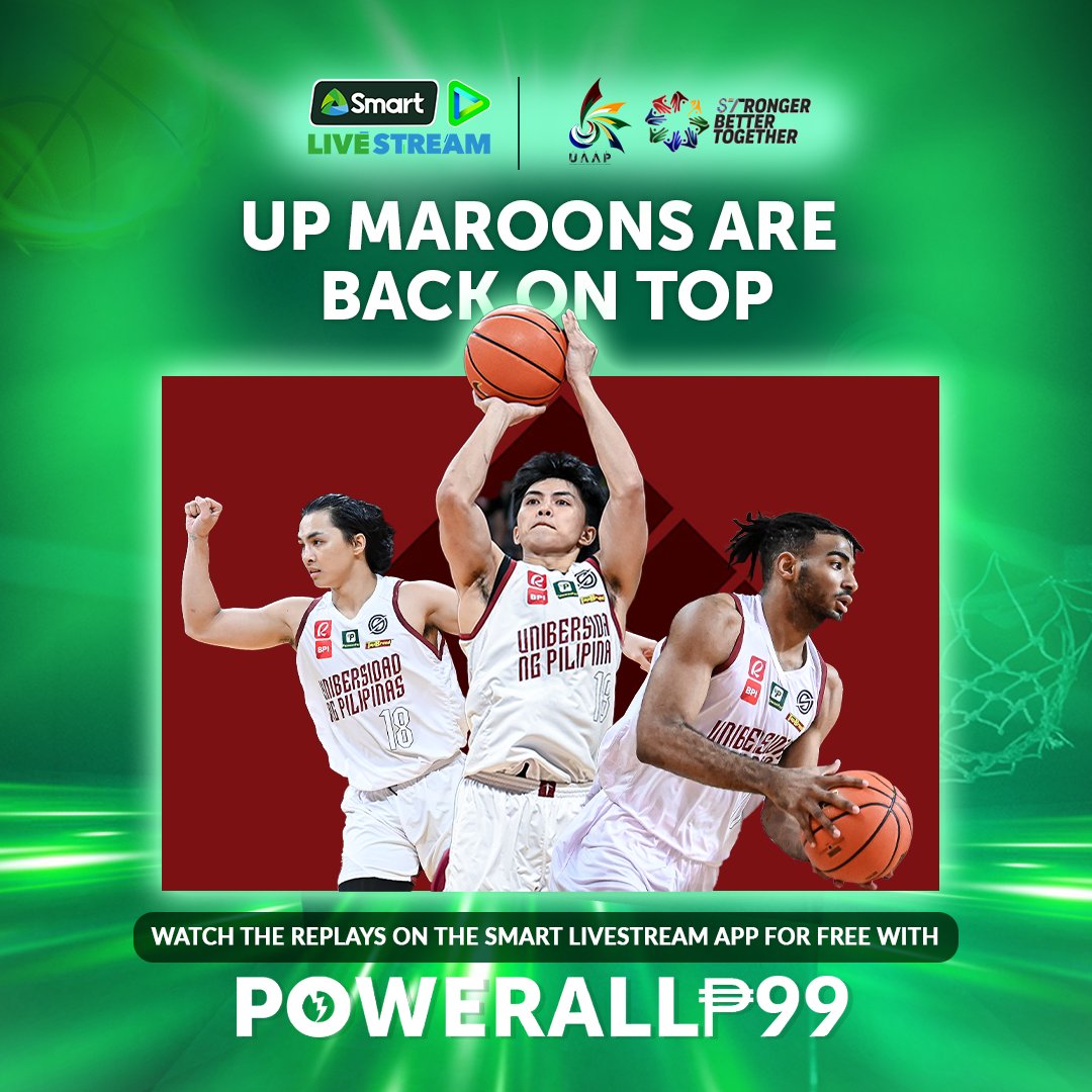 LiveSmart's tweet photo. Victory is sweet! 🏀 The UP Fighting Maroons are back on top! Relive the intense moments and watch the replays of their incredible performance on the Smart Livestream App – absolutely FREE!
Don’t miss out, download now and celebrate the Maroons’ success! 📷
#SmartUAAP #StrongerBetterTogether #UAAP #SmartLivestream