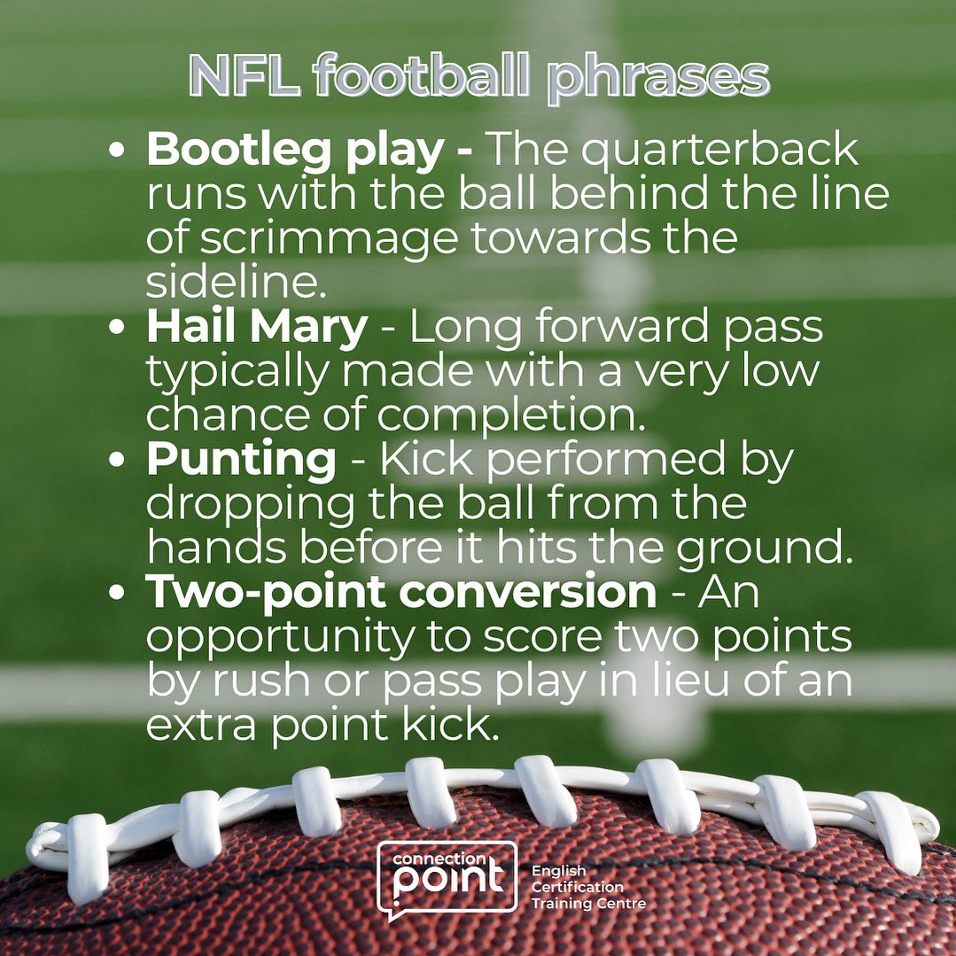 Conn_Point's tweet photo. 🏈 Hoy te comparto algunas frases en inglés que te serán super útiles al disfrutar los partidos de la NFL. 🙌🏼 ¿Eres fan de la NFL? ¿Tienes un equipo favorito?
#BecauseLanguageMatters #ConnectionPoint #ESL #NFL https://t.co/E164fQ2tMV