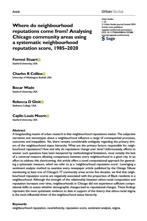Urban Studies Journal (@usj_online) on Twitter photo New research finds that neighbourhood reputation scores are negatively associated with the proportion of Black residents in a neighbourhood in Chicago
ow.ly/27YK50Uok06
#stigma #race #SentimentAnalysis
<a href="/ForrestDStuart/">Forrest Stuart</a>
@Gleit_R
<a href="/CaylinLMoore/">Caylin Louis Moore</a>
<a href="/CharlieRCollins/">Charlie Collins</a> New research finds that neighbourhood reputation scores are negatively associated with the proportion of Black residents in a neighbourhood in Chicago
ow.ly/27YK50Uok06
#stigma #race #SentimentAnalysis
<a href="/ForrestDStuart/">Forrest Stuart</a>
@Gleit_R
<a href="/CaylinLMoore/">Caylin Louis Moore</a>
<a href="/CharlieRCollins/">Charlie Collins</a>