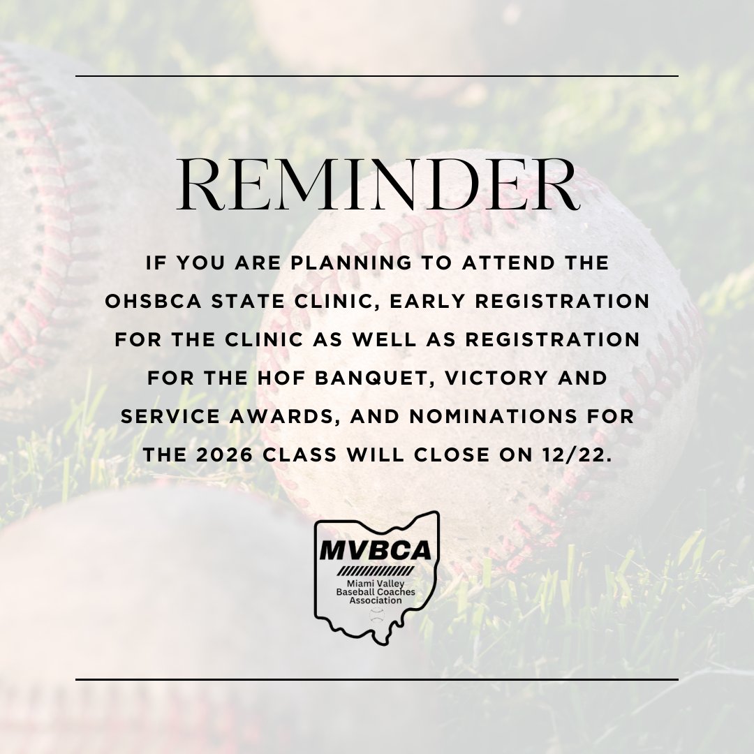 🏟 OHSBCA STATE CLINIC 🏟
📅 January 30 - February 1, 2025
⚾ Clinic registration is NOW OPEN!
✅ Early Registration
✅ HOF Banquet Reservations
✅ Victory &amp; Service Awards
✅ HOF 2026 Nominations
🛑 Deadline: 12/22/24
Register online: 👉 OHSBCA.ORG