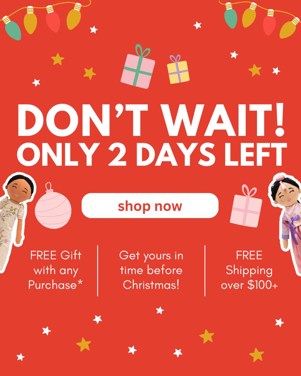 ⏰ ONLY 2 DAYS LEFT! 🎄
✨ FREE sticker with Doll/Apparel purchases
🚛 FREE shipping on $100+

Get your culturally inspired gifts NOW for Christmas delivery! 🎁 Don’t wait!

👉 joeydolls.com/shop

#RepresentationMatters #InclusiveToys