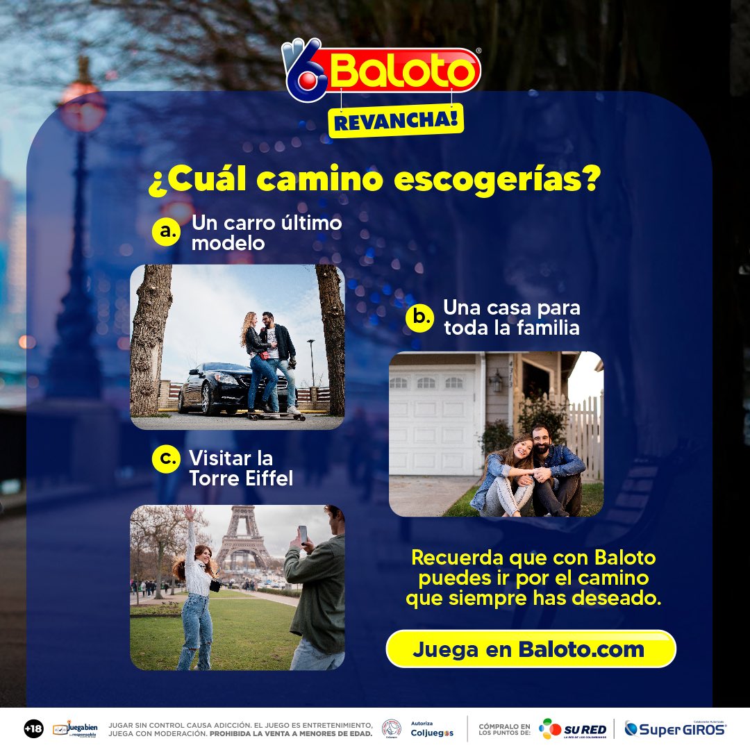 Baloto_Colombia's tweet photo. Con Baloto, ¡puedes hacer realidad lo que siempre has deseado! 👌🏻❤️ Juega en https://t.co/WZW1FAmtrd o compra en puntos Su Red y SuperGIROS. ⚡️
.
.
.
#Baloto #BalotoColombia #Coljuegos #SorteoColombia #BalotoRevancha #Sorteo #Ingresos #Ganancia #Premios https://t.co/6HBw9ByB6l