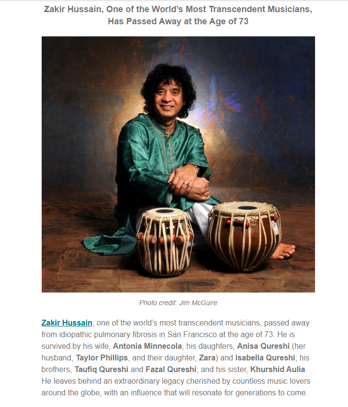 ANI's tweet image. #ZakirHussain, one of the world’s most transcendent musicians, has passed away at the age of 73 - confirms Jon Bleicher of Prospect PR, representing the family.