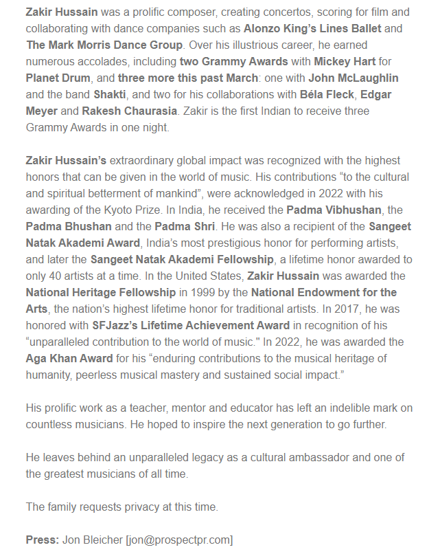 ANI's tweet image. #ZakirHussain, one of the world’s most transcendent musicians, has passed away at the age of 73 - confirms Jon Bleicher of Prospect PR, representing the family.