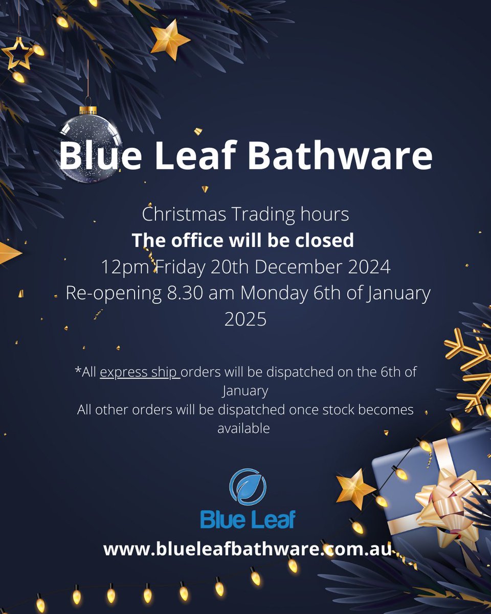 BlueLeafBath's tweet photo. Christmas Trading Hours 
Our office will be closed from 12 PM, 20th Dec 2024 and re-open 6th Jan 2025. Express Ship orders will be dispatched on 6th Jan 2025. All other orders will be sent out once stock becomes available. We wish you a joyful holiday season! https://t.co/1dE5KzZm53
