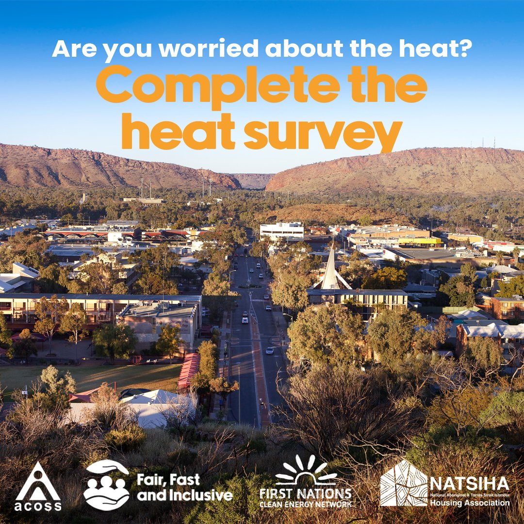 This summer ACOSS is running a survey in partnership with @FirstNationsCEN and National Aboriginal and Torres Strait Islander Housing Association to understand the impacts of heat on people experiencing financial stress. Will you complete the survey? efcee0ql45h.typeform.com/to/GTNqOi9x