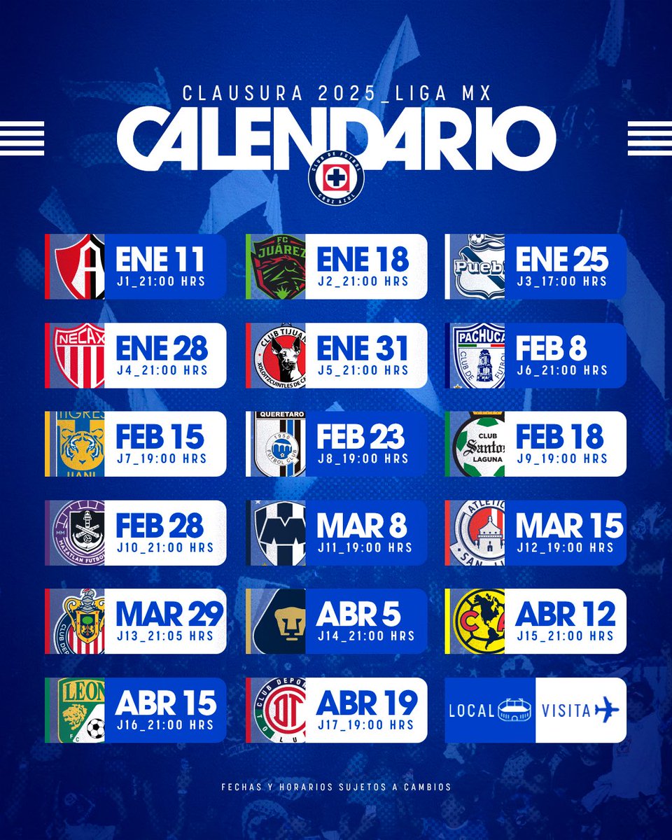 📆 Guarden las fechas, Azules. 📆

Este es el calendario de La Máquina para el Clausura 2️⃣0️⃣2️⃣5️⃣. 

#AzulDePorVida 💙