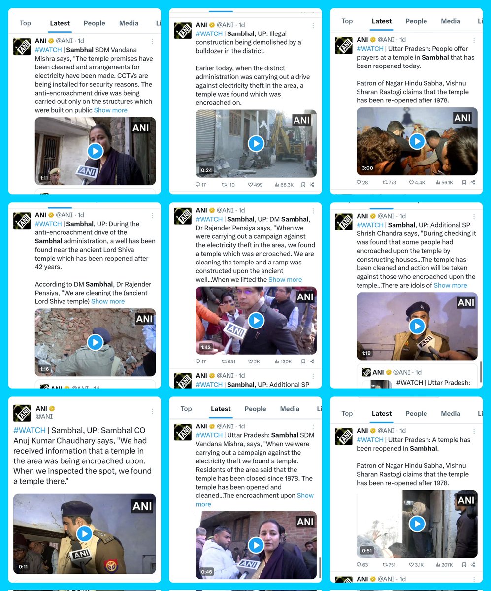 zoo_bear's tweet photo. News Agency ANI has a huge role in amplifying the false narrative related to Sambhal Temple. 
Look at the number of tweets. See how carefully they've chosen words like 'Temple was  Discovered', 'Temple was closed for 4 decades', 'Was Encroached', 'Re-opened after 1978'. All this was debunked by the care taker (Rastogi family) of the temple and local Muslims.