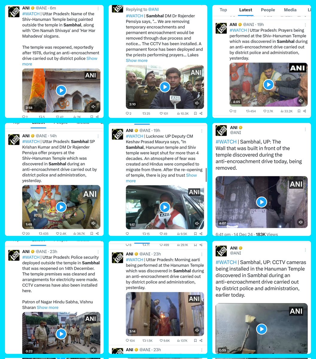 zoo_bear's tweet photo. News Agency ANI has a huge role in amplifying the false narrative related to Sambhal Temple. 
Look at the number of tweets. See how carefully they've chosen words like 'Temple was  Discovered', 'Temple was closed for 4 decades', 'Was Encroached', 'Re-opened after 1978'. All this was debunked by the care taker (Rastogi family) of the temple and local Muslims.