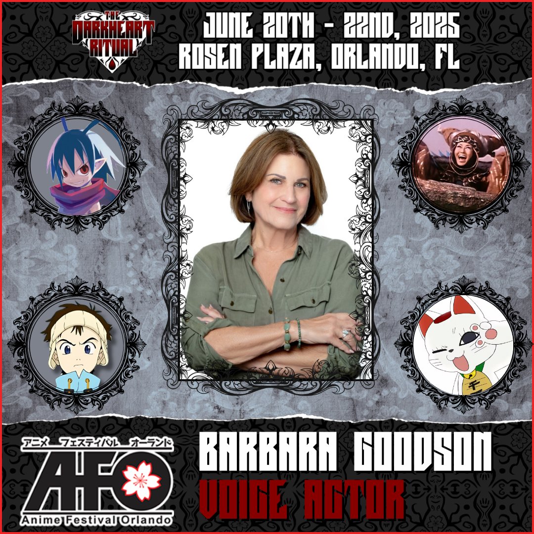 First guest for AFO2025: Barbara Goodson!

Barbara Goodson, the iconic voice of Rita Repulsa (Power Rangers), Naota in FLCL, and currently Turbo Granny in Dandadan! 🎤 Notable roles: Laharl (Disgaea), Zirconia (Sailor Moon), &amp; more! Stay tuned for updates! ✨