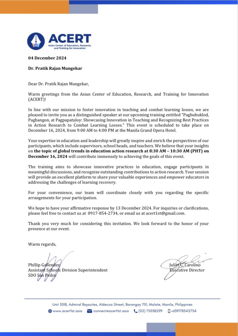 PratikMungekar3's tweet image. “Honored to speak at the ACERT Training, ‘Pagbubuklod, Pagbangon, at Pagpapatuloy’ today! I shared insights on Global Trends in Education Action Research and strategies to combat learning losses.

#EducationInnovation #ActionResearch #LearningRecovery #ACERT2024 #DepEdEducators