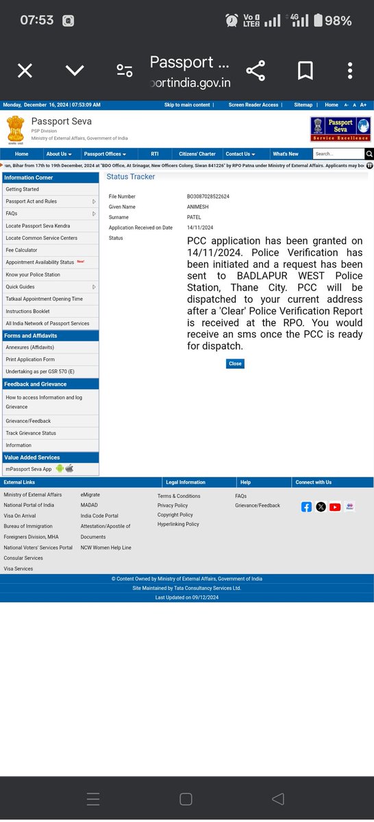 ANIMESHVANDANA's tweet photo. @passportsevamea @rpomumbai  Requesting to you please check my file no - BO3087028522624. Police verification is already done 29 November but still this status is shown below. https://t.co/eCLVMwMmjv