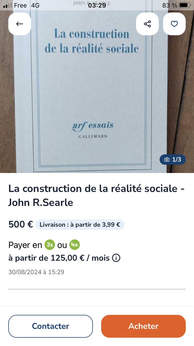 Je cherche désespérément à acheter ce livre, mais pas au point de l’acheter 500 euros 😭. Personne sur Paris qui l’aurait en bon état et qui voudrait me le vendre à prix raisonnable ?