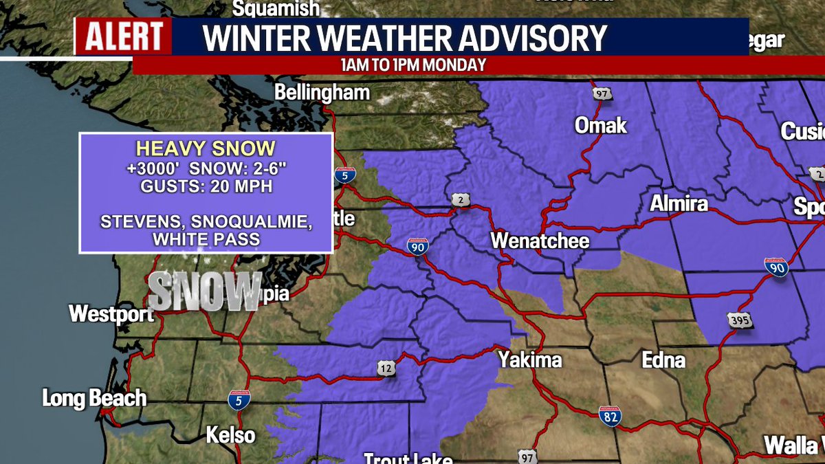 A Winter Weather Advisory goes into effect for the Cascade Passes above 3000' from 1am to 1pm on Monday. 

This includes Snoqualmie, Stevens &amp; White Pass. We could see 2-6" of snow accumulation. <a href="/fox13seattle/">FOX 13 Seattle</a>
#Fox13 #fox13seattle #seattle #wawx