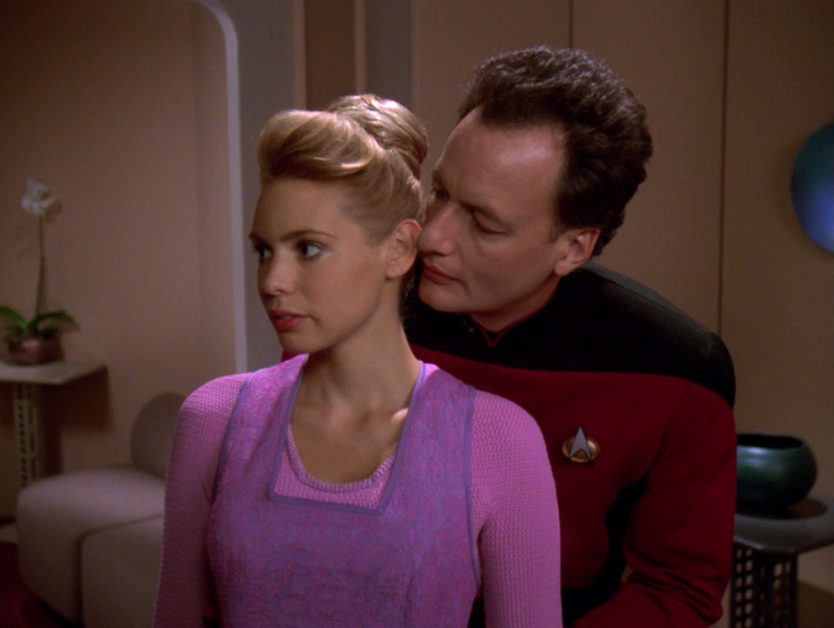 JanelleWaz's tweet photo. Q: And make sure you talk into Jean-Luc's ear like this. It *really* creeps him out. #TNG #TrueQ #allstartrek https://t.co/VeD3pQfleq