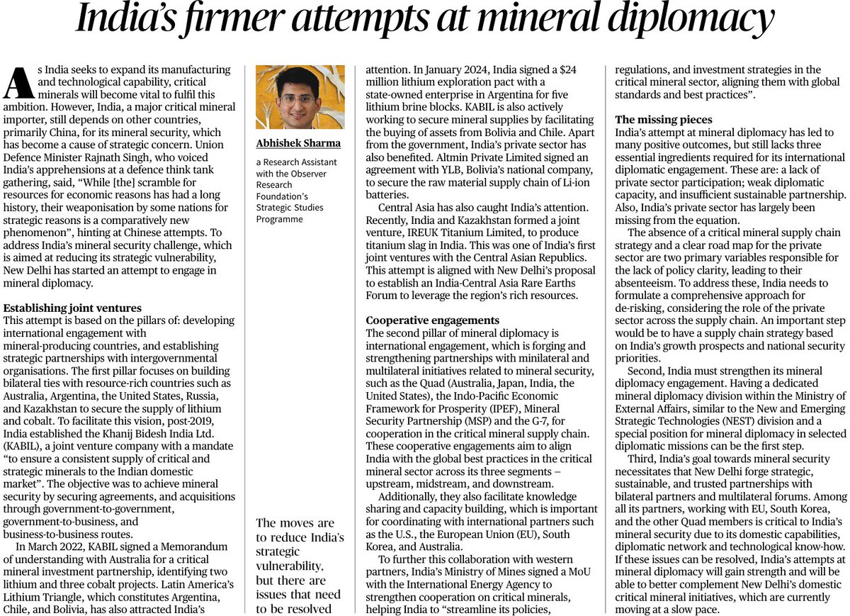 अभिषेक, ABHISHEK, 아비섹 (@aviral96) on Twitter photo Sharing my latest for <a href="/the_hindu/">The Hindu</a>. The article focuses on India’s Mineral Diplomacy based on two crucial pillars as well as the missing pieces that need more attention
thehindu.com/opinion/op-ed/… Sharing my latest for <a href="/the_hindu/">The Hindu</a>. The article focuses on India’s Mineral Diplomacy based on two crucial pillars as well as the missing pieces that need more attention
thehindu.com/opinion/op-ed/…