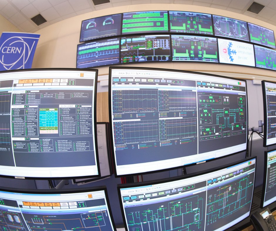 CERN's tweet photo. Here we see CERN’s Control Centre, also known as the CCC. Each corner of the room is an island of computer screens devoted to a specific machine, where different operations teams work in shifts.

In these pictures, we see the operator consoles that allow CERN engineers to monitor and command complex control systems such as #LHC Cryogenics or the CERN Technical Infrastructure.

The CERN Industrial Control Systems group of the Beams department provides support and software solutions for operating the general infrastructure (cryogenics, electricity, radiation protection, etc.), as well as controls for the experiments and associated institutes.

Find out more about what goes on in the CCC: https://t.co/dOYO951Sok