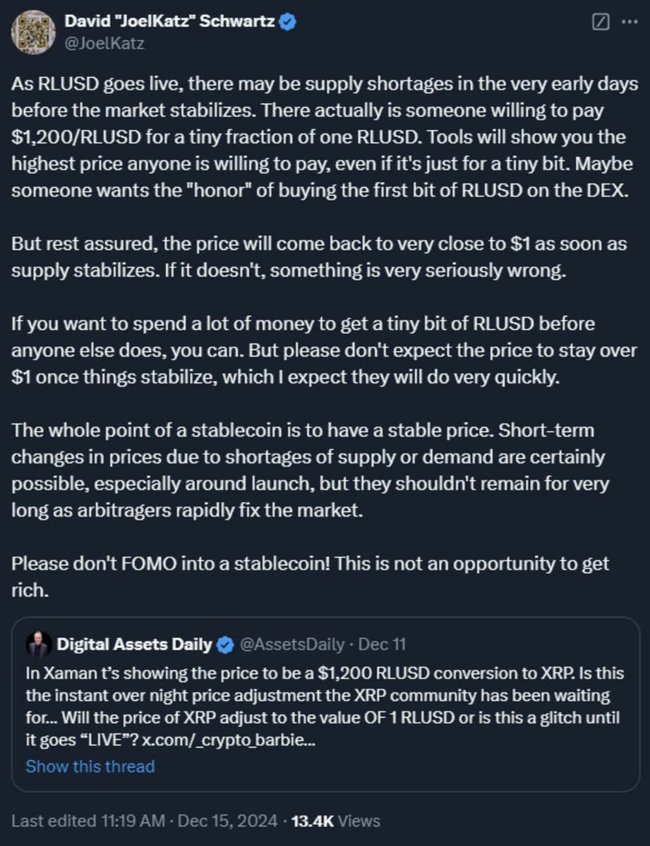 DavidXRPLion's tweet photo. $RLUSD News: $1 Dollar is the Price. https://t.co/NYNYazCXGI