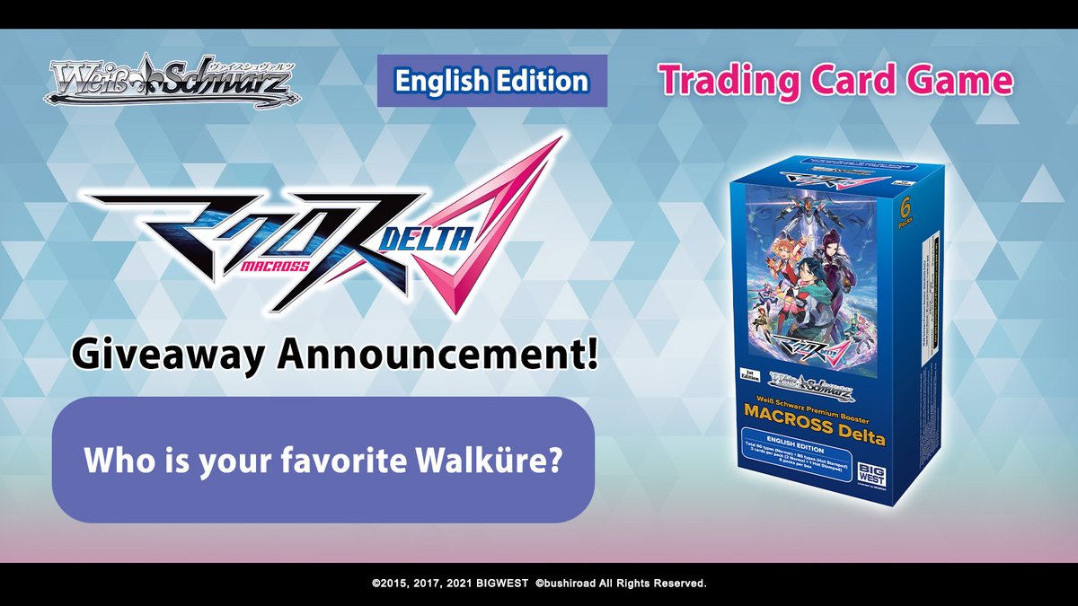 Giveaway! 🎉

Follow our page, like and share this post, and comment your favorite Walküre member for a chance to win a Premium Booster Macross Delta!

🔗: bit.ly/ga-mde

#WeissSchwarz #MacrossDelta #Walkure #TCG #Giveaway