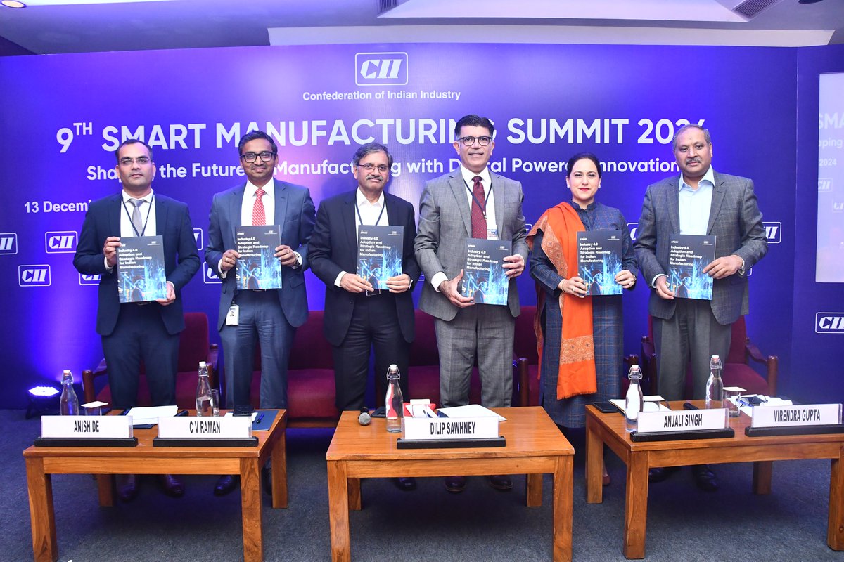 Unveiling of the <a href="/FollowCII/">Confederation of Indian Industry</a> - <a href="/KPMGIndia/">KPMG India</a> report titled '#Industry4.0 adoption and strategic roadmap for #Indianmanufacturing' at the 9th #SmartManufacturing Summit 2024 by <a href="/CVRAMAN61/">C V RAMAN</a>, Chairman, CII Smart Manufacturing Summit, and Member - Executive Committee, <a href="/Maruti_Corp/">Maruti Suzuki</a>; Dilip