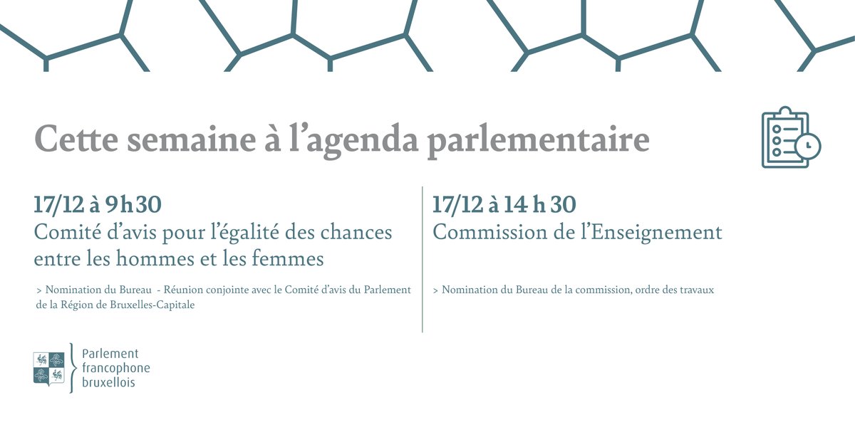 Cette semaine à l’agenda parlementaire :
17/12 (9h30) : comité d’avis pour l’égalité des chances entre les hommes et les femmes
🎥 youtu.be/-eeXiX3WAqU
<a href="/parlbruparl/">parlbruparl</a> #UNIA
17/12 (14h30) : commission de l'Enseignement