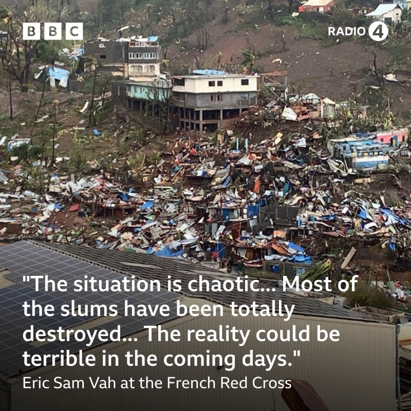 BBCr4today's tweet photo. Several hundred people are feared dead on the French island of Mayotte after a cyclone brought wind speeds of 140mph.

Eric Sam Vah from the French Red Cross tells #R4Today the situation is 'chaotic'.

📷 KWEZI / AFP / Getty Images